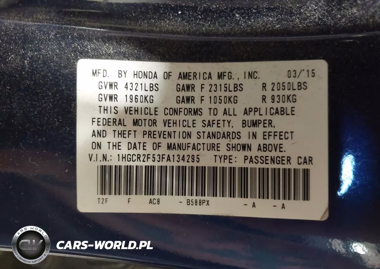 2015 Honda Accord Sport VIN:1HGCR2F53FA134295 - 9