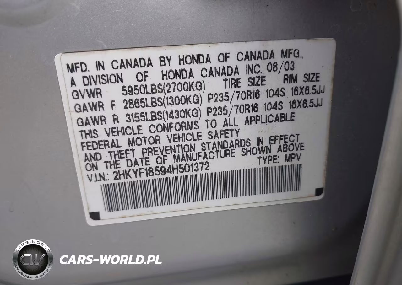 2004 Honda Pilot Ex-L VIN:2HKYF18594H501372 - 9