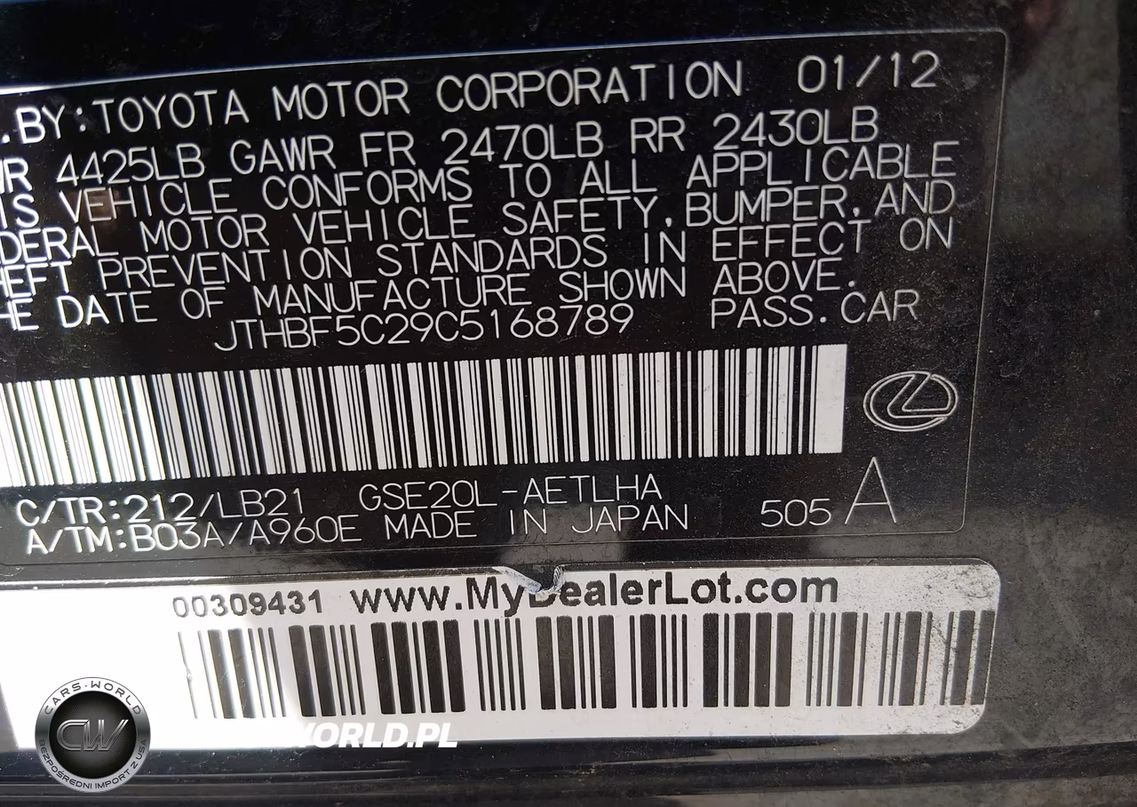2012 Lexus Is 250 VIN:JTHBF5C29C5168789 - 9