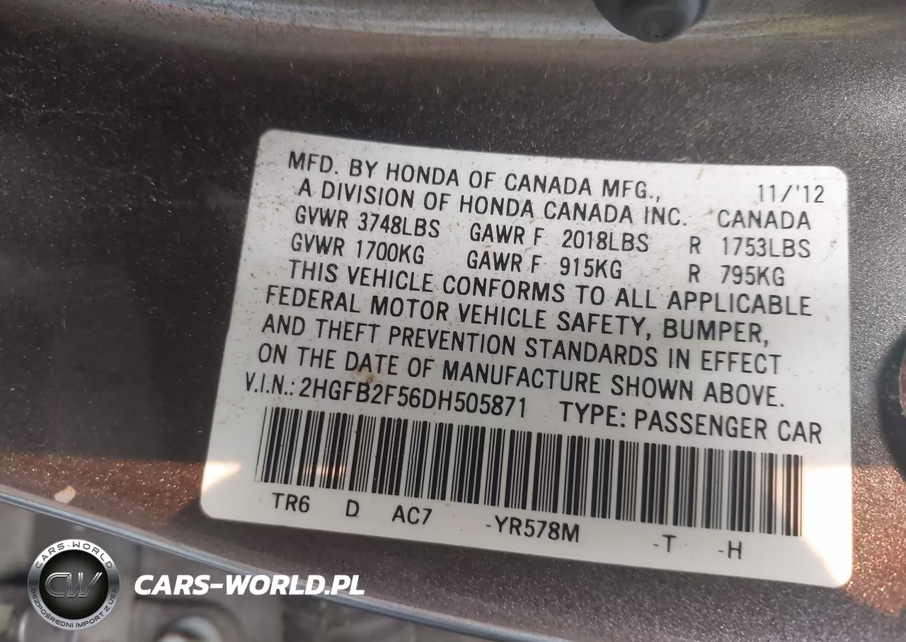 2013 Honda Civic Lx VIN:2HGFB2F56DH505871 - 9