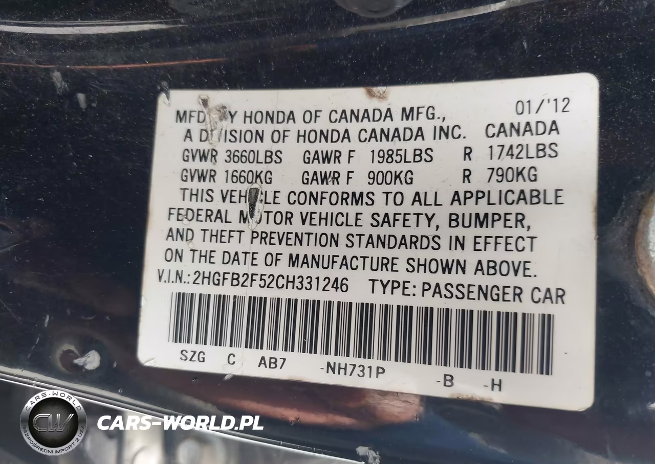 2012 Honda Civic Lx VIN:2HGFB2F52CH331246 - 9
