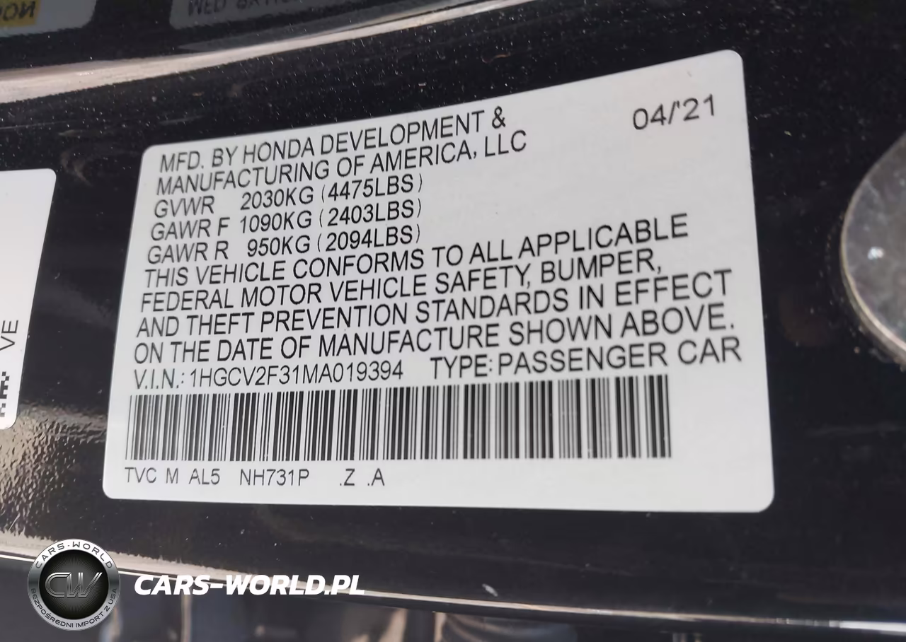 2021 Honda Accord Sport 2.0T VIN:1HGCV2F31MA019394 - 9