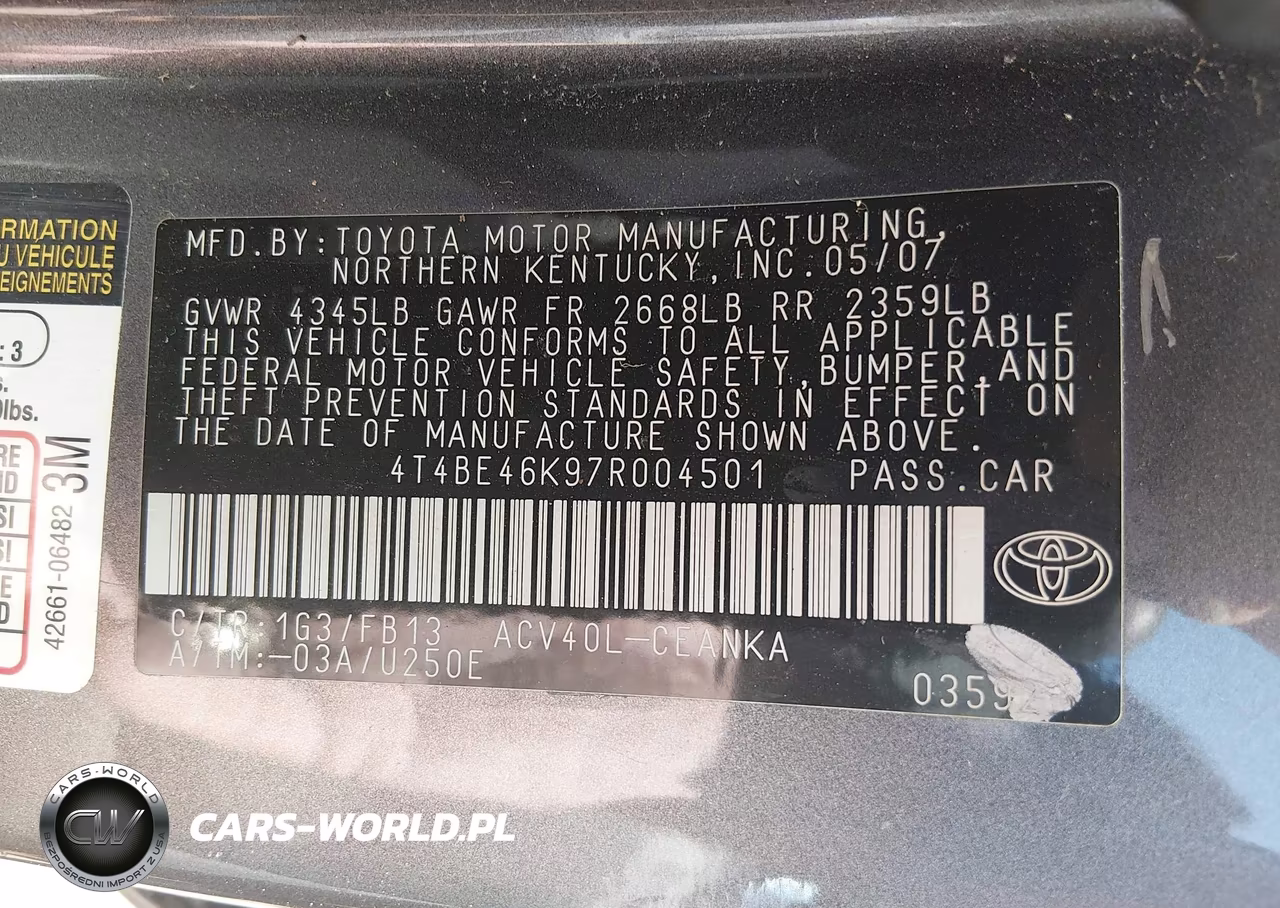 2007 Toyota Camry Le VIN:4T4BE46K97R004501 - 9