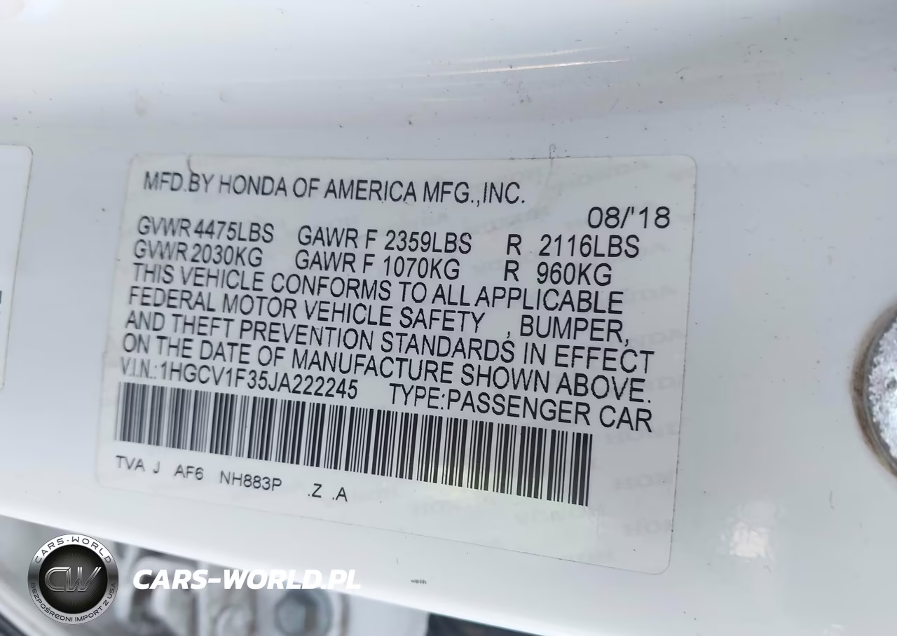 2018 Honda Accord Sport VIN:1HGCV1F35JA222245 - 9