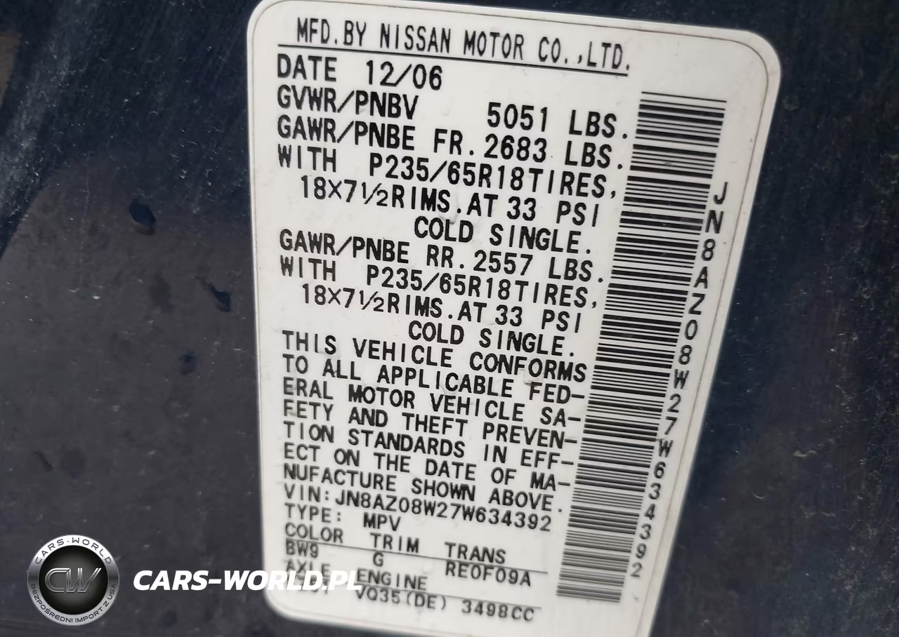 2007 Nissan Murano Sl VIN:JN8AZ08W27W634392 - 9