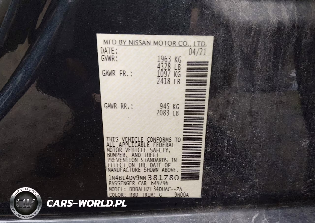 2021 Nissan Altima Sv Fwd VIN:1N4BL4DV9MN381780 - 9