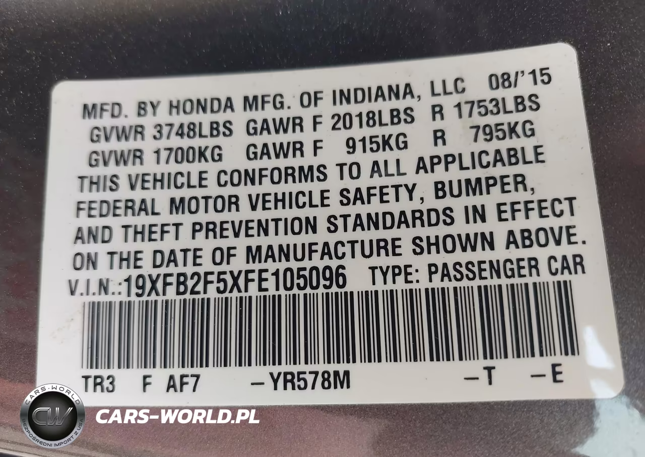 2015 Honda Civic Lx VIN:19XFB2F5XFE105096 - 9