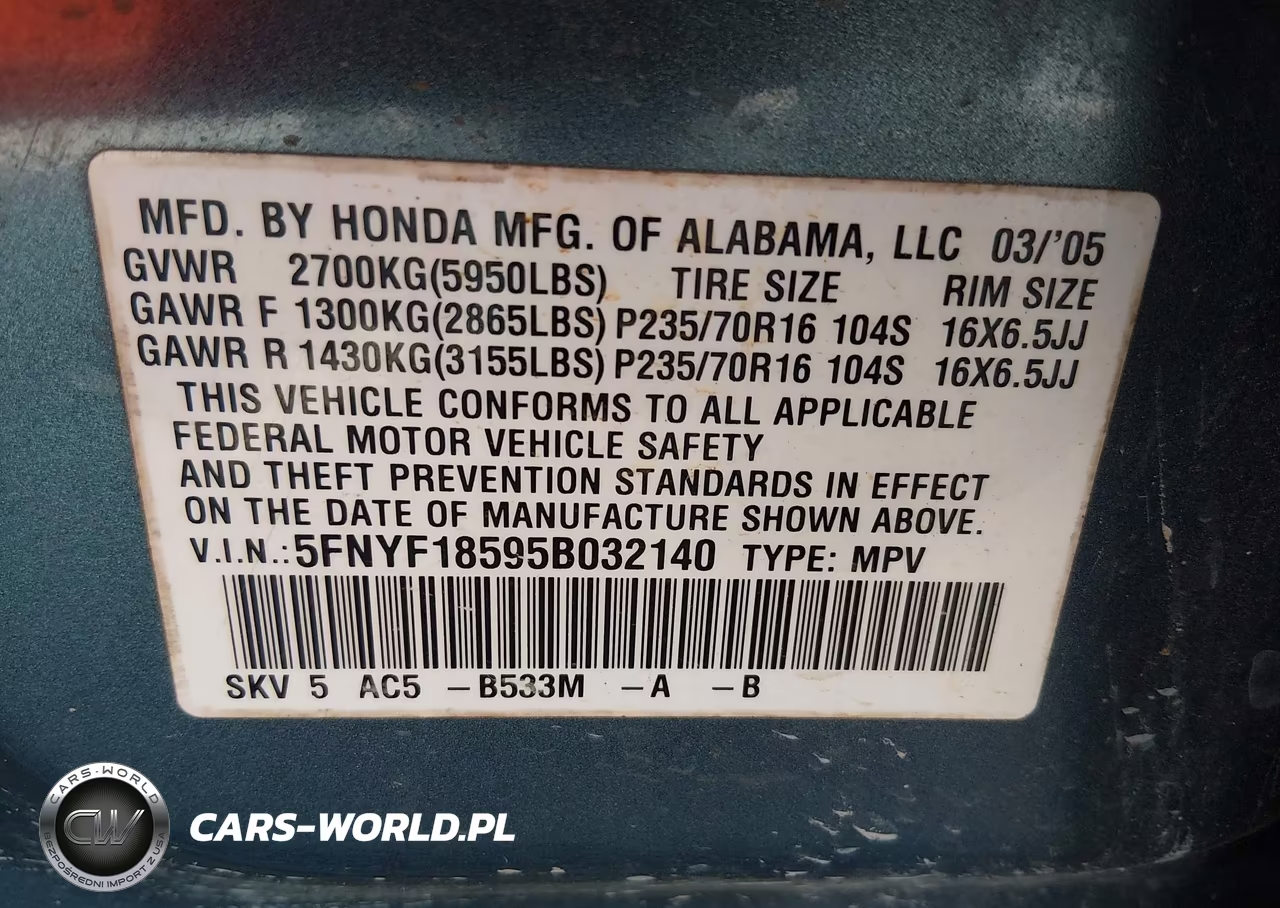 2005 Honda Pilot Ex-L VIN:5FNYF18595B032140 - 9