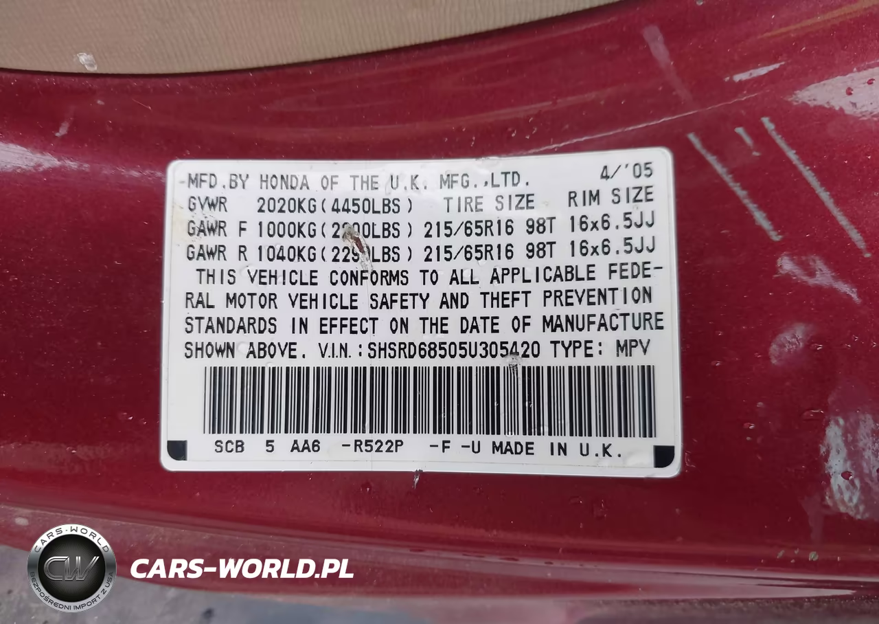 2005 Honda Cr-V Lx VIN:SHSRD68505U305420 - 9