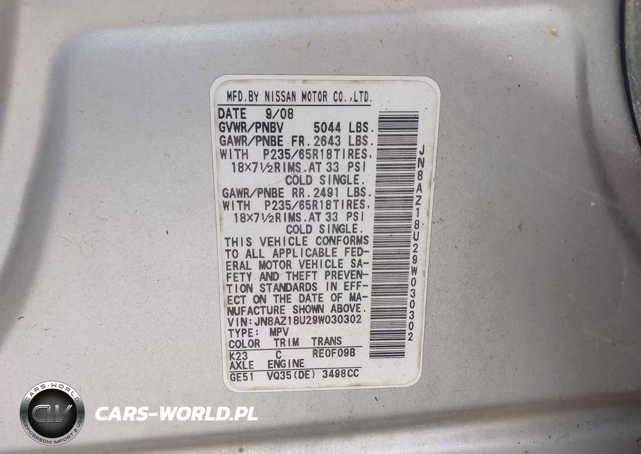2009 Nissan Murano Sl VIN:JN8AZ18U29W030302 - 9