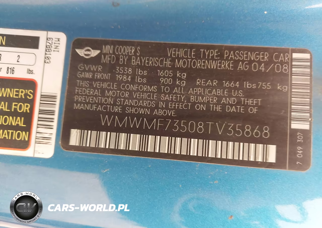 2008 Mini Cooper S VIN:WMWMF73508TV35868 - 9