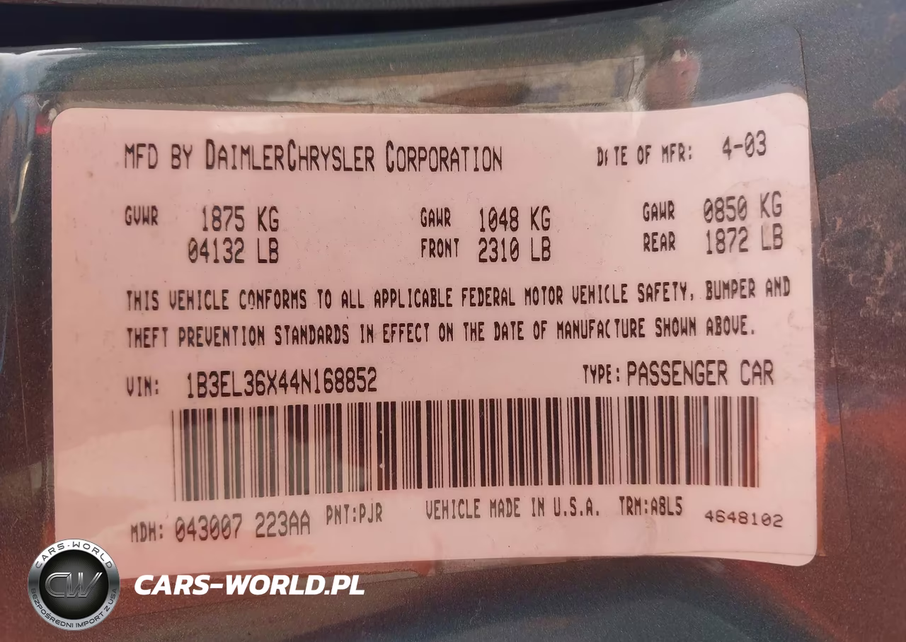 2004 Dodge Stratus Se VIN:1B3EL36X44N168852 - 9
