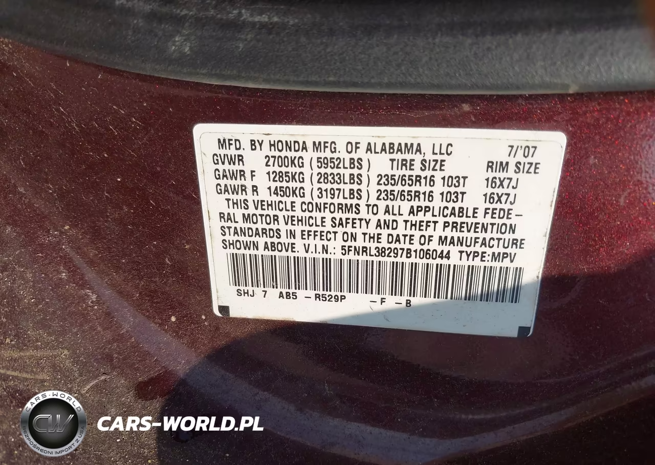 2007 Honda Odyssey Lx VIN:5FNRL38297B106044 - 9