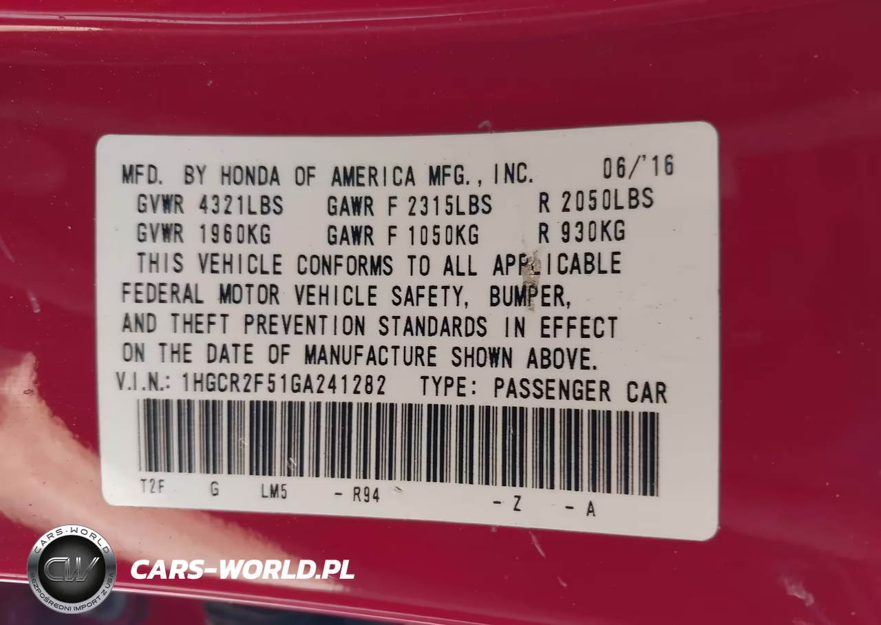 2016 Honda Accord Sport VIN:1HGCR2F51GA241282 - 9