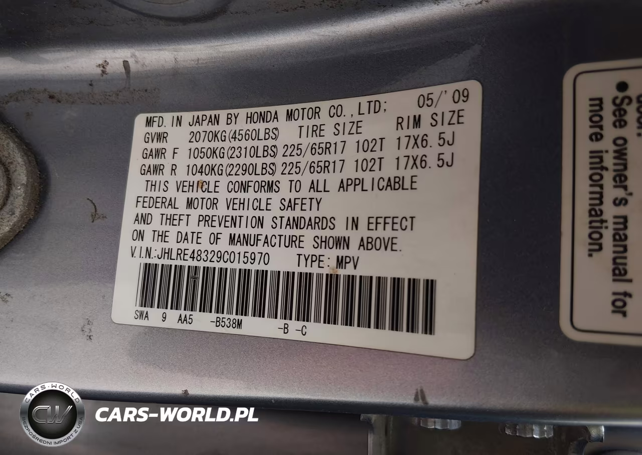 2009 Honda Cr-V Lx VIN:JHLRE48329C015970 - 9