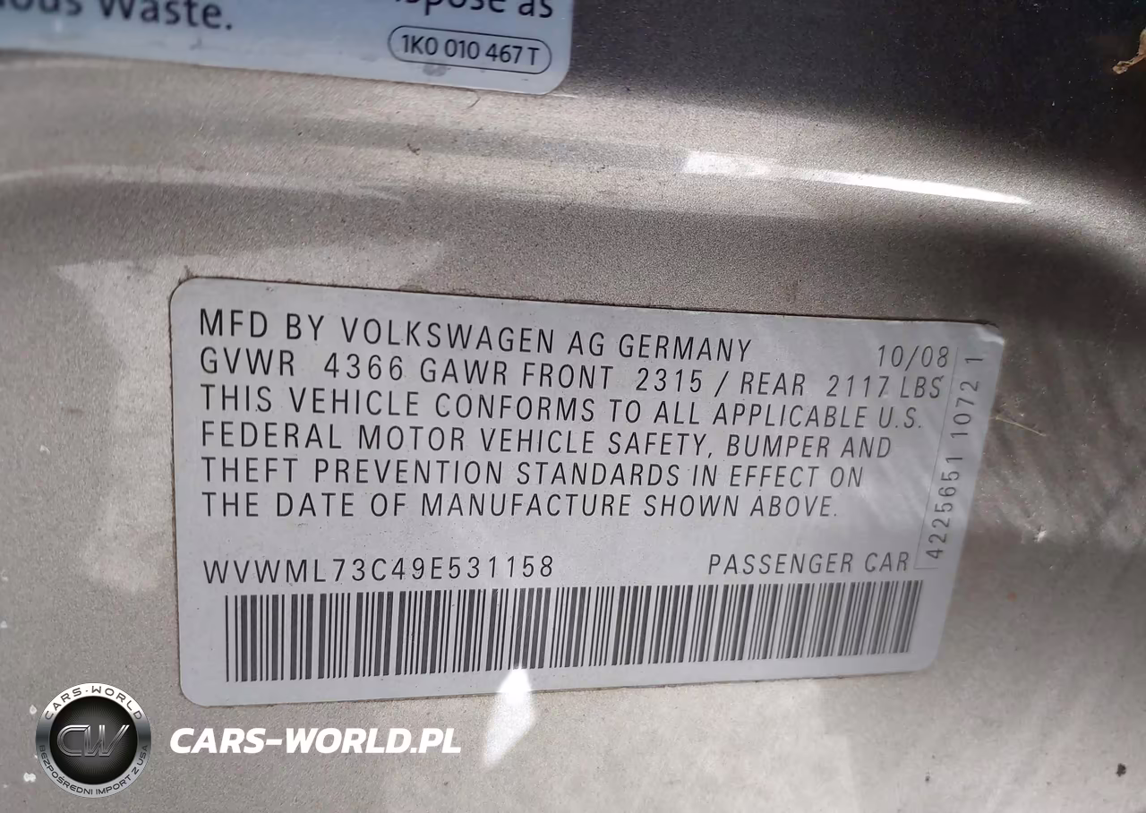 2009 Volkswagen Cc Sport VIN:WVWML73C49E531158 - 9