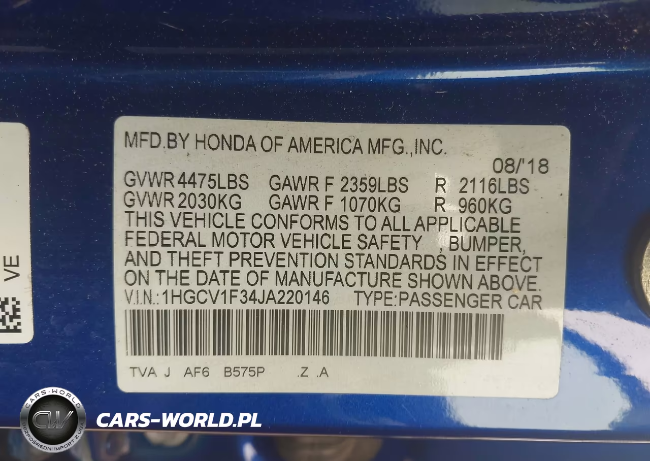 2018 Honda Accord Sport VIN:1HGCV1F34JA220146 - 9
