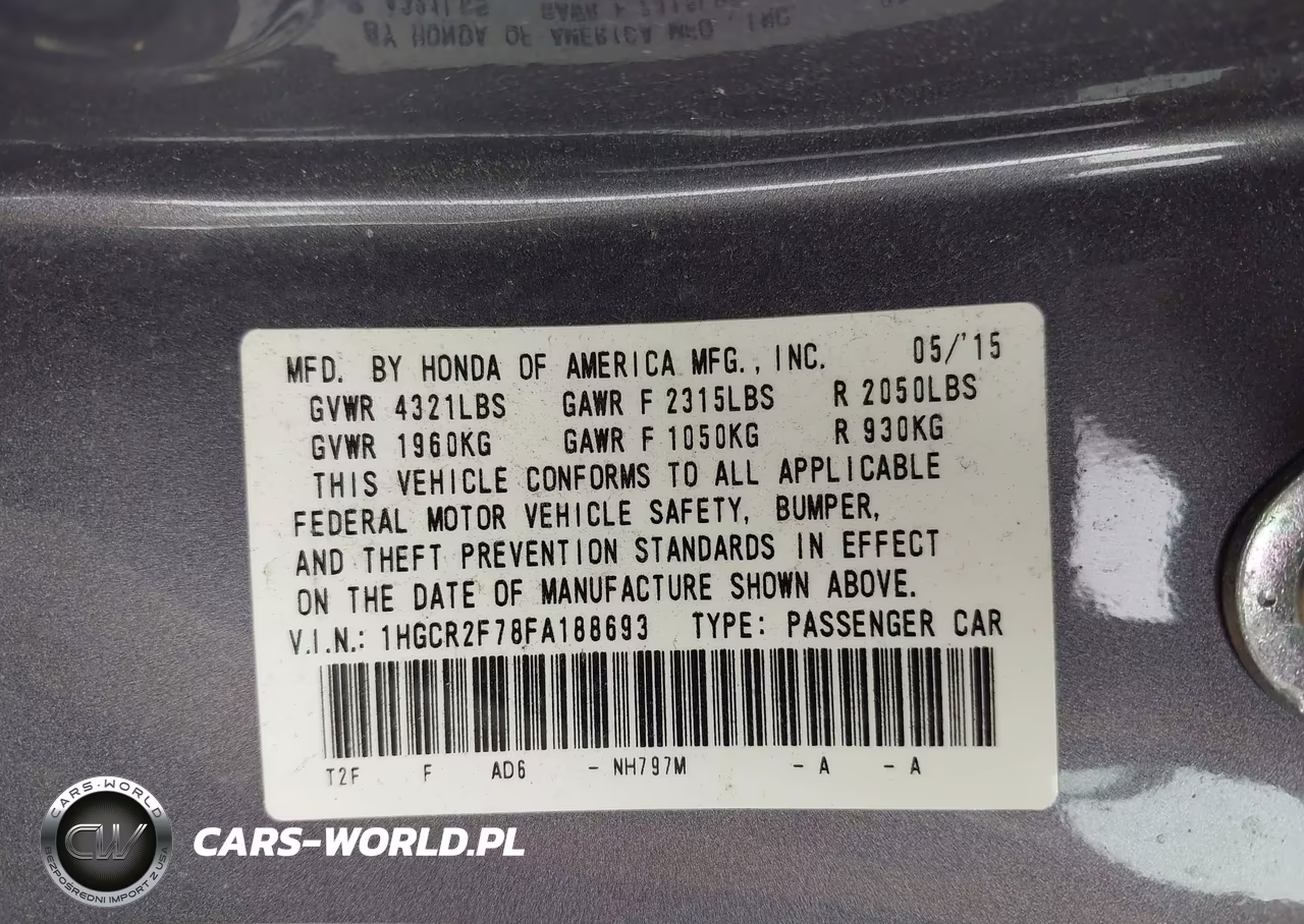 2015 Honda Accord Ex VIN:1HGCR2F78FA188693 - 9