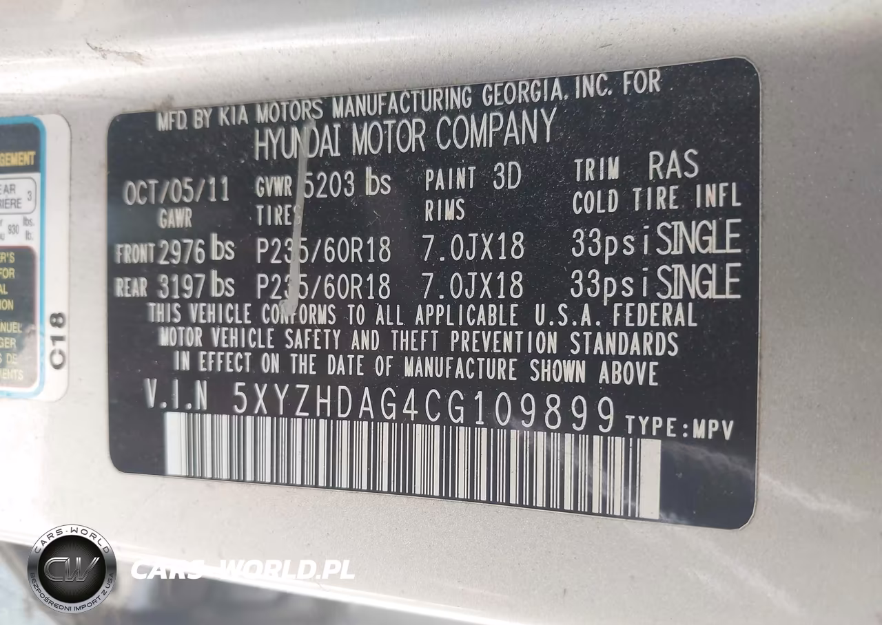 2012 Hyundai Santa Fe Se VIN:5XYZHDAG4CG109899 - 9