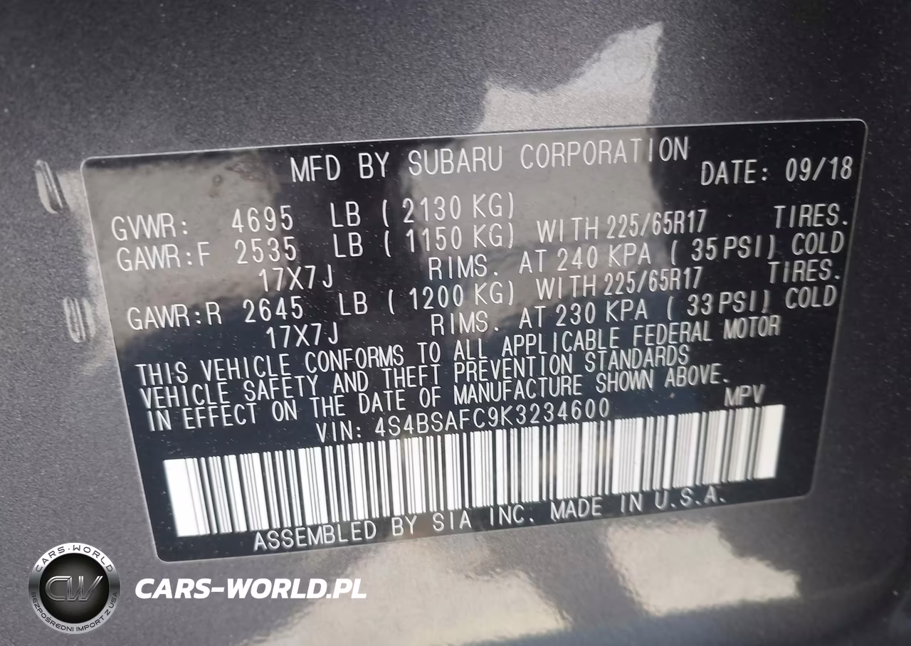 2019 Subaru Outback 2.5I Premium VIN:4S4BSAFC9K3234600 - 9