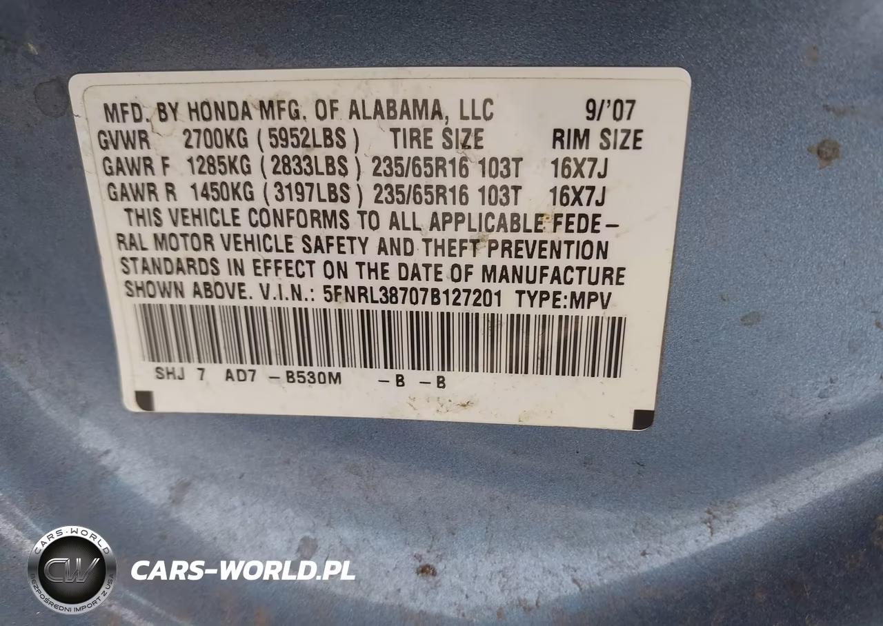 2007 Honda Odyssey Ex-L VIN:5FNRL38707B127201 - 9