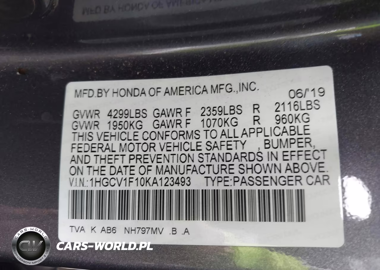 2019 Honda Accord Lx VIN:1HGCV1F10KA123493 - 9