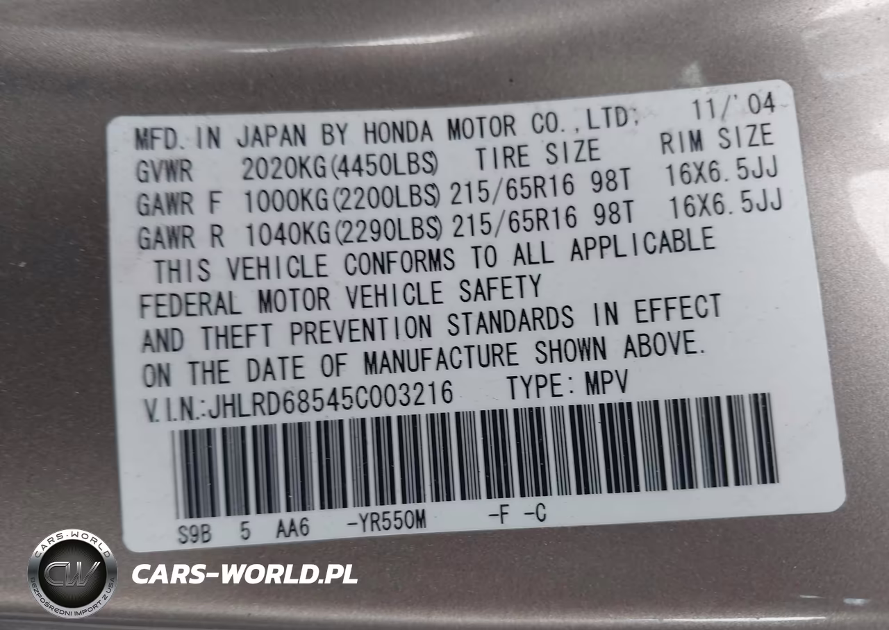 2005 Honda Cr-V Lx VIN:JHLRD68545C003216 - 9