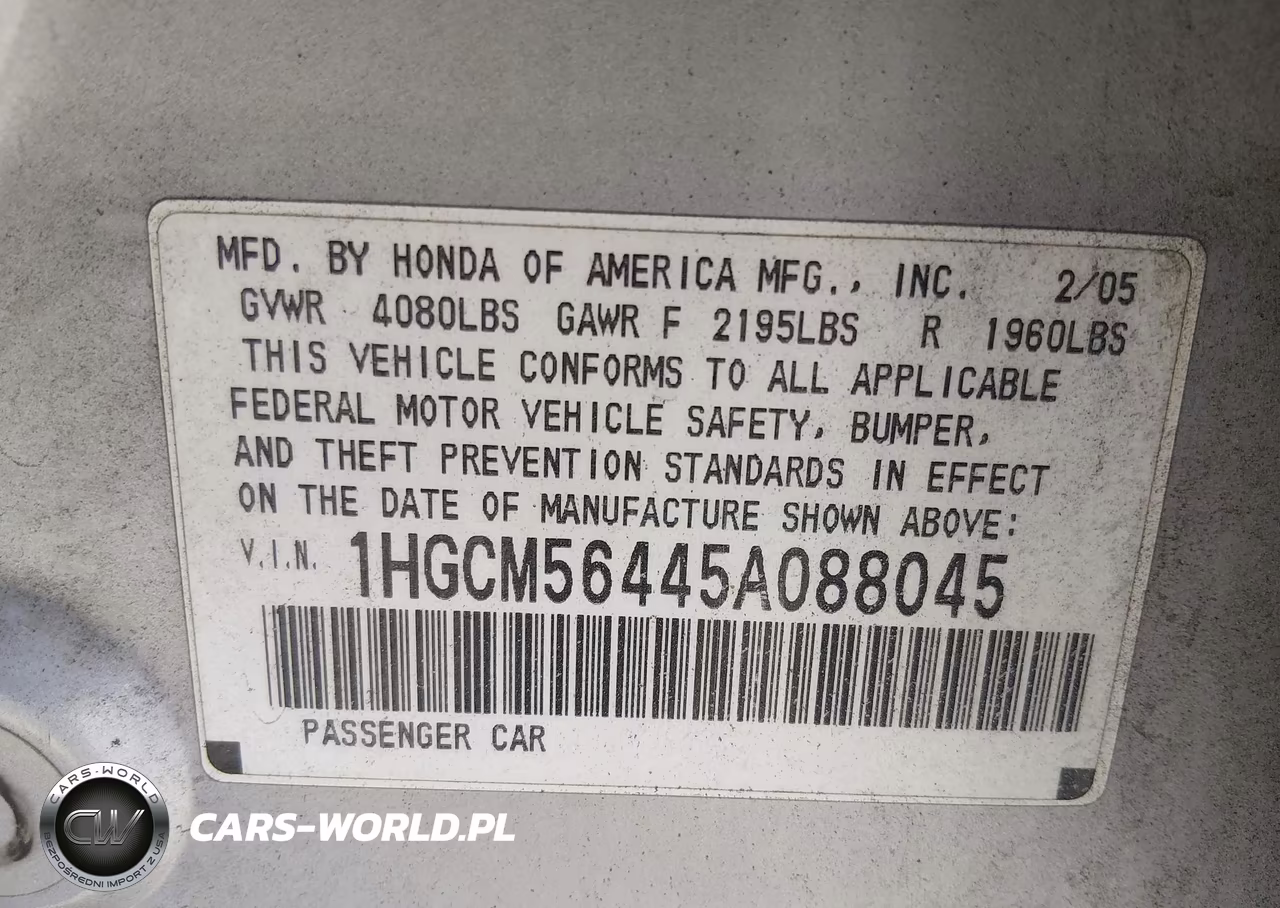 2005 Honda Accord 2.4 Lx VIN:1HGCM56445A088045 - 9