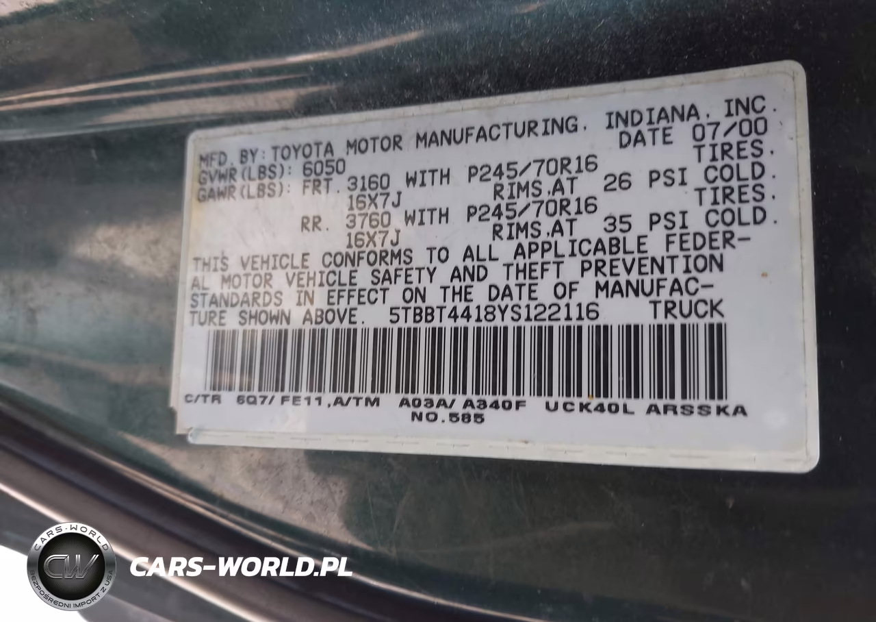 2000 Toyota Tundra Sr5 V8 VIN:5TBBT4418YS122116 - 9