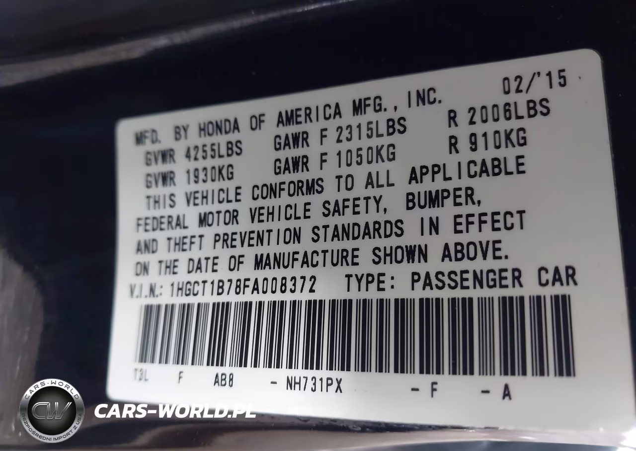 2015 Honda Accord Ex VIN:1HGCT1B78FA008372 - 9