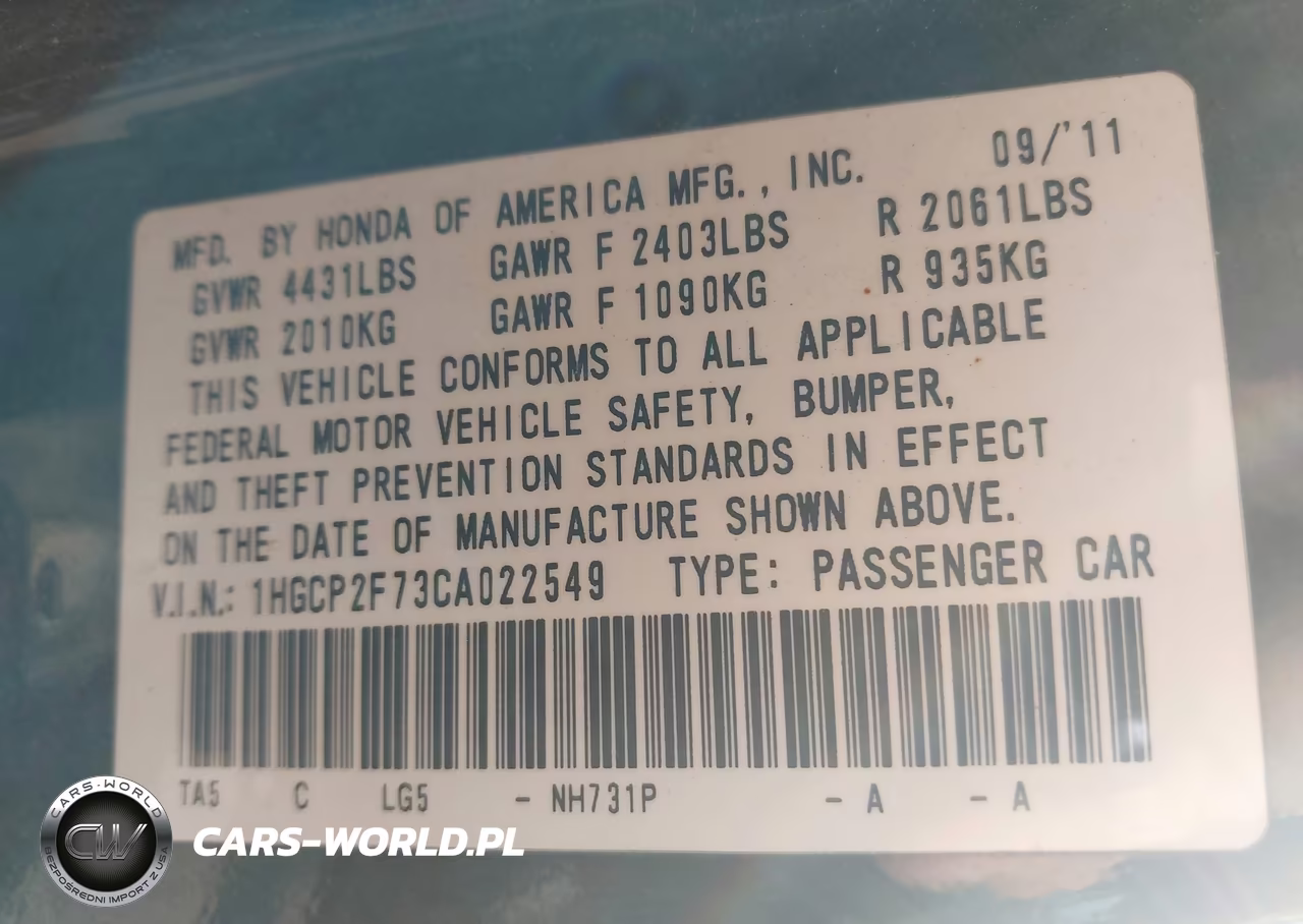 2012 Honda Accord 2.4 Ex VIN:1HGCP2F73CA022549 - 9