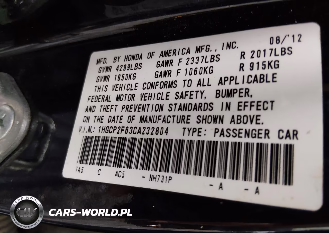2012 Honda Accord 2.4 Se VIN:1HGCP2F63CA232804 - 9