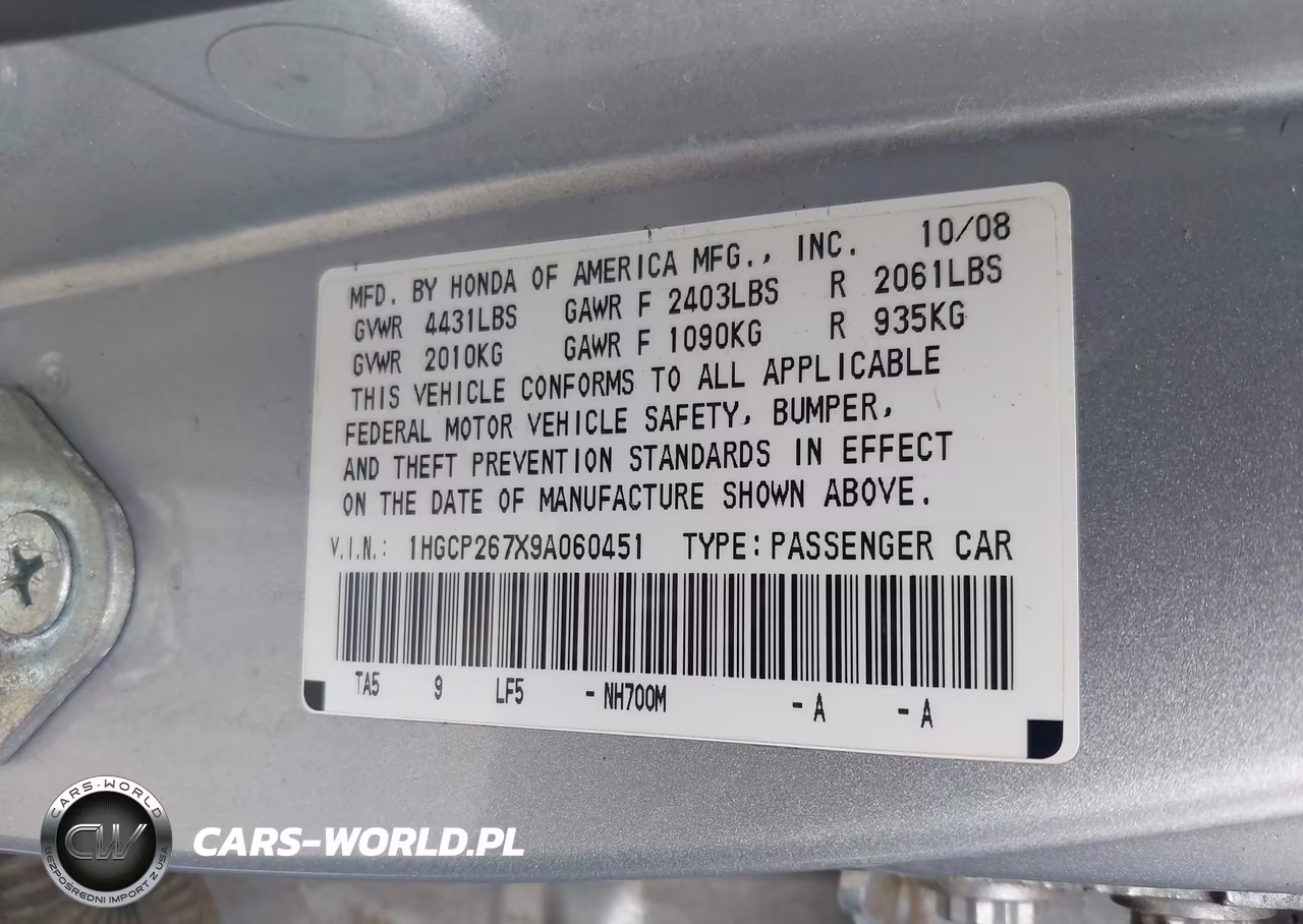 2009 Honda Accord 2.4 Ex VIN:1HGCP267X9A060451 - 9