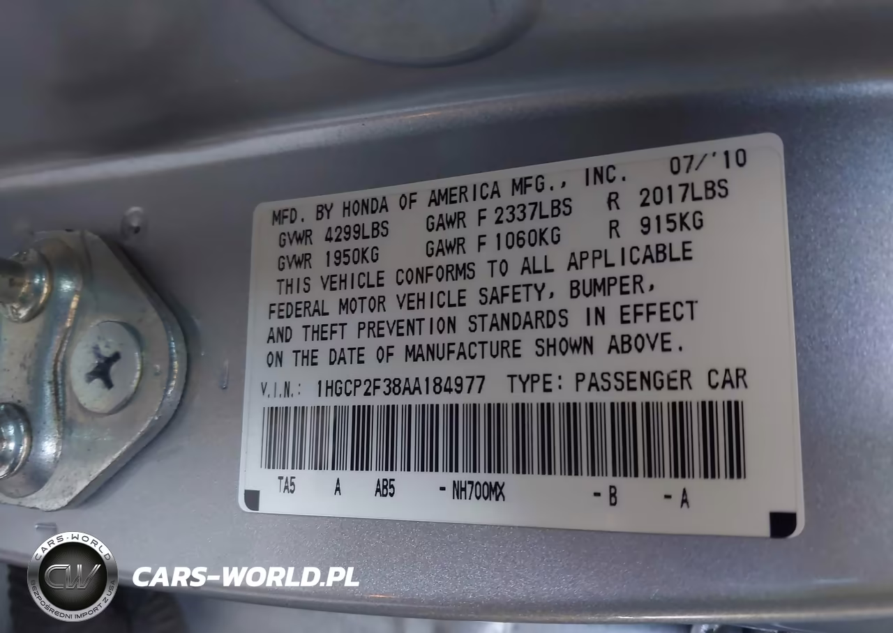 2010 Honda Accord 2.4 Lx VIN:1HGCP2F38AA184977 - 9