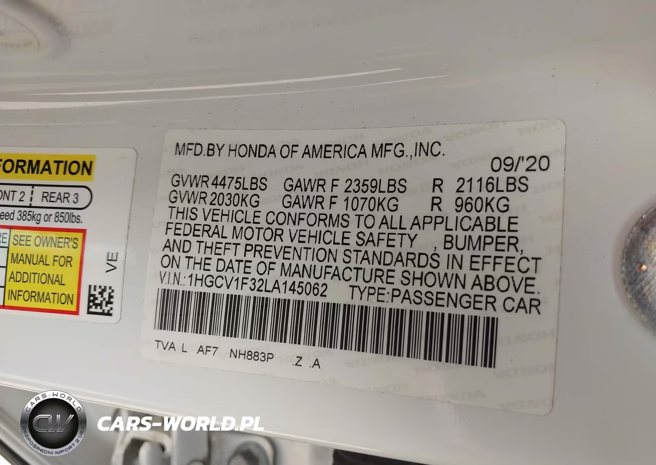 2020 Honda Accord Sport VIN:1HGCV1F32LA145062 - 9