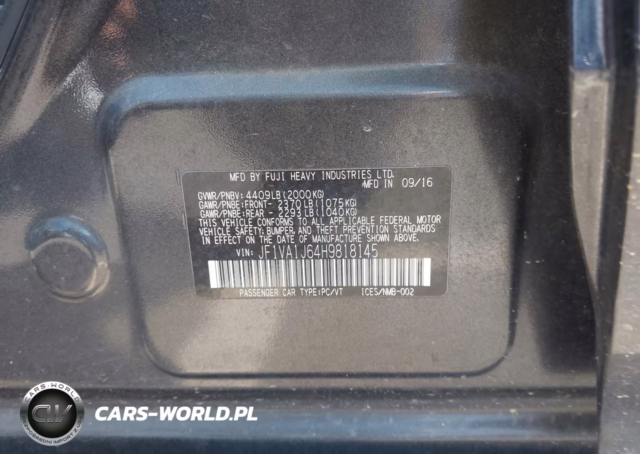 2017 Subaru Wrx Limited VIN:JF1VA1J64H9818145 - 9