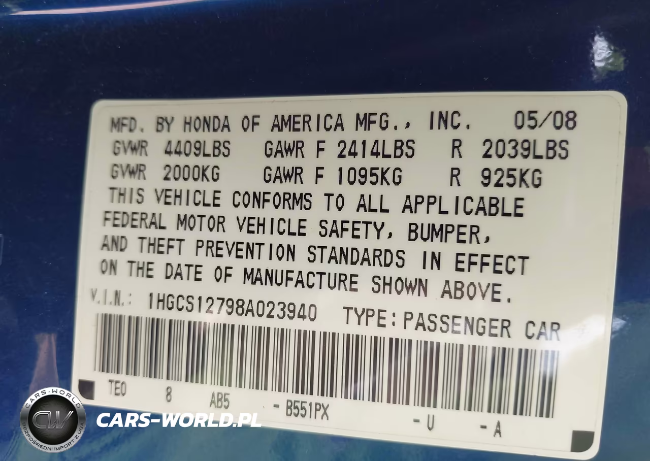 2008 Honda Accord 2.4 Ex VIN:1HGCS12798A023940 - 9
