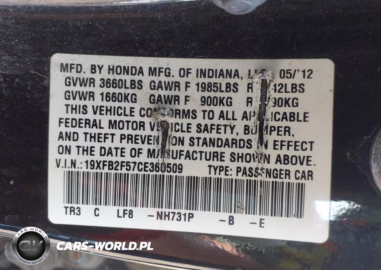 2012 Honda Civic Lx VIN:19XFB2F57CE360509 - 9