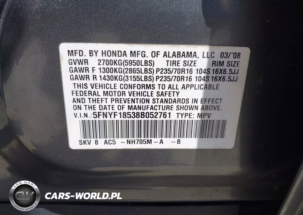 2008 Honda Pilot Ex-L VIN:5FNYF18538B052761 - 9
