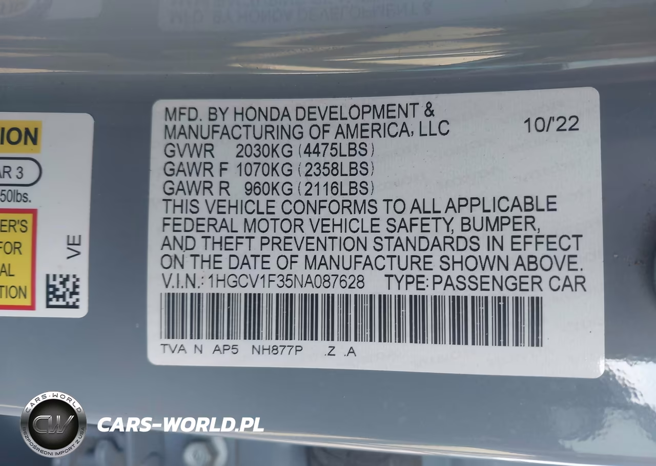 2022 Honda Accord Sport VIN:1HGCV1F35NA087628 - 9