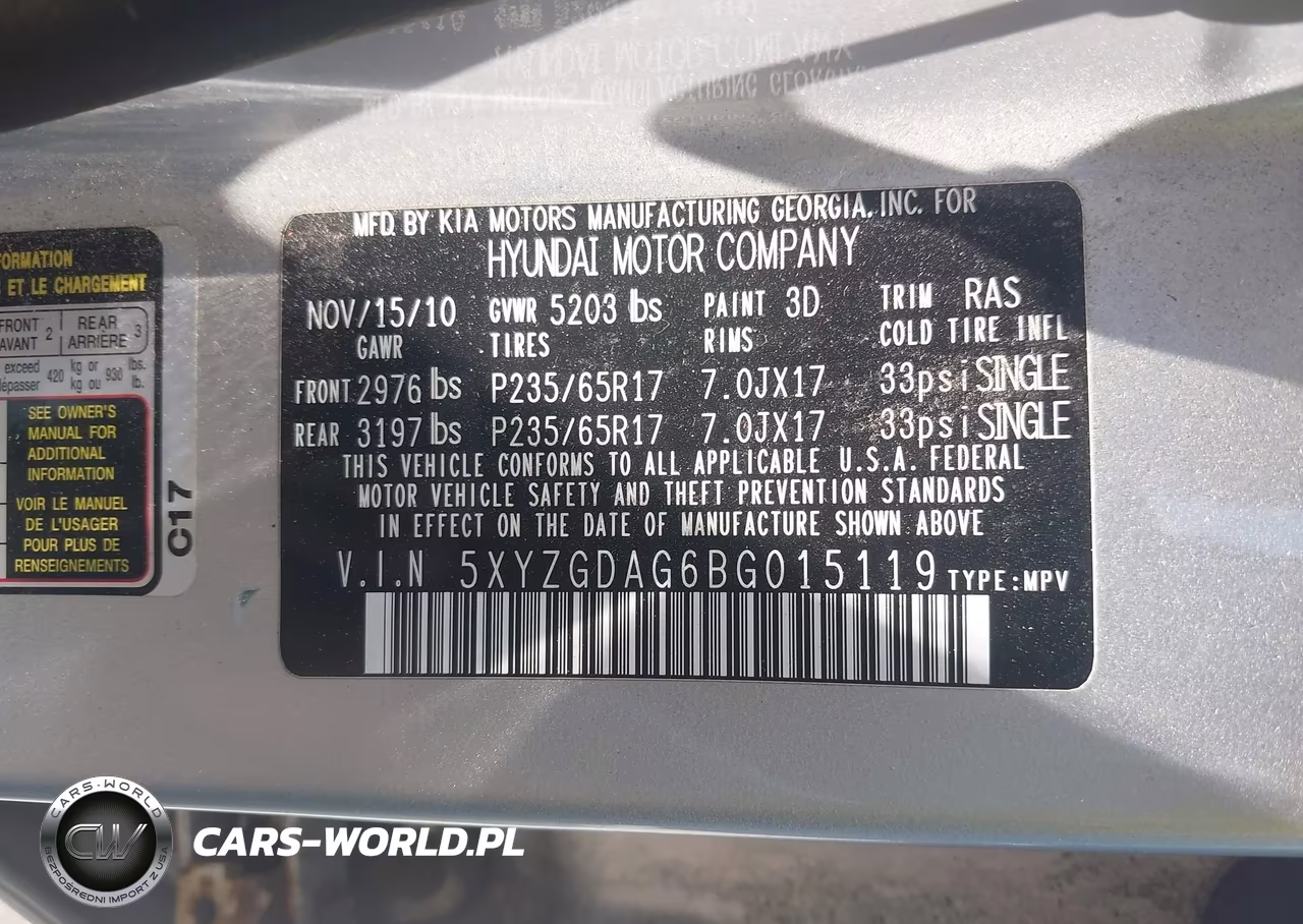 2011 Hyundai Santa Fe Gls V6 VIN:5XYZGDAG6BG015119 - 9