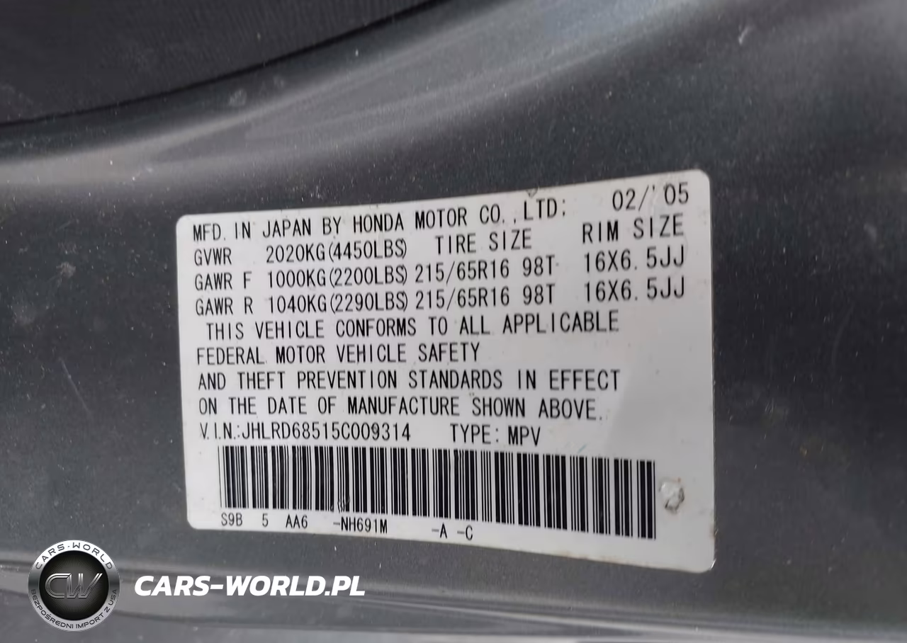 2005 Honda Cr-V Lx VIN:JHLRD68515C009314 - 9