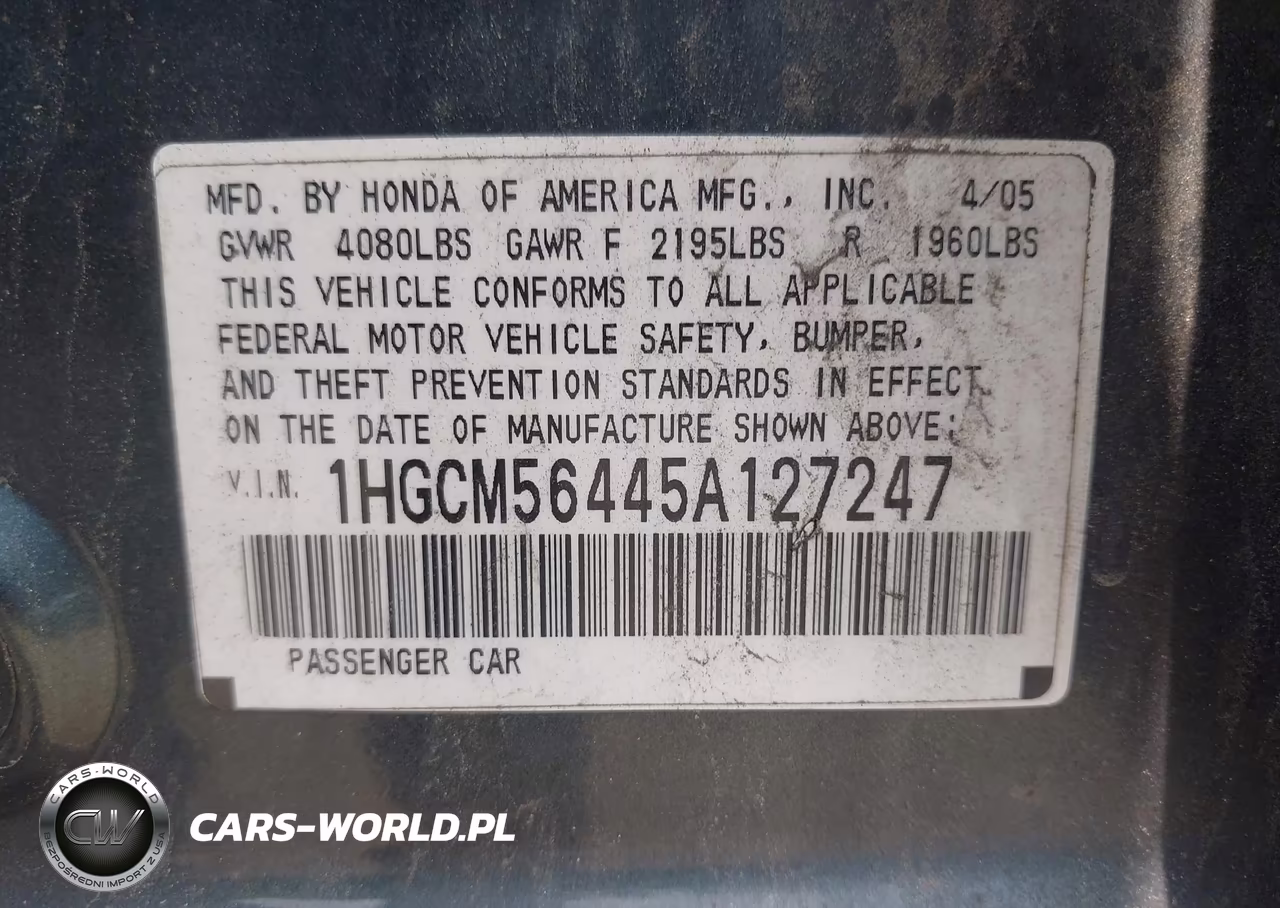 2005 Honda Accord 2.4 Lx VIN:1HGCM56445A127247 - 9