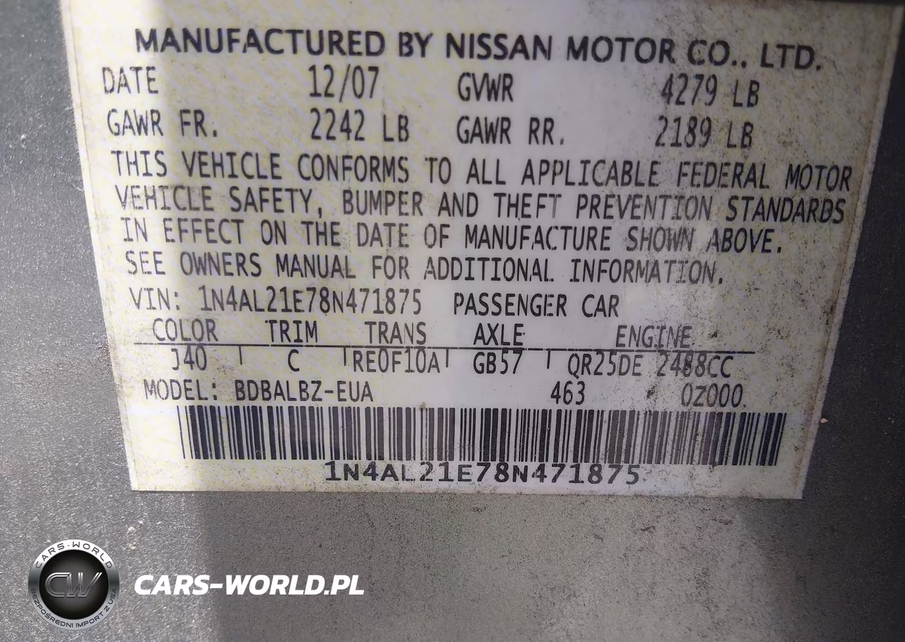 2008 Nissan Altima 2.5 Sl VIN:1N4AL21E78N471875 - 9