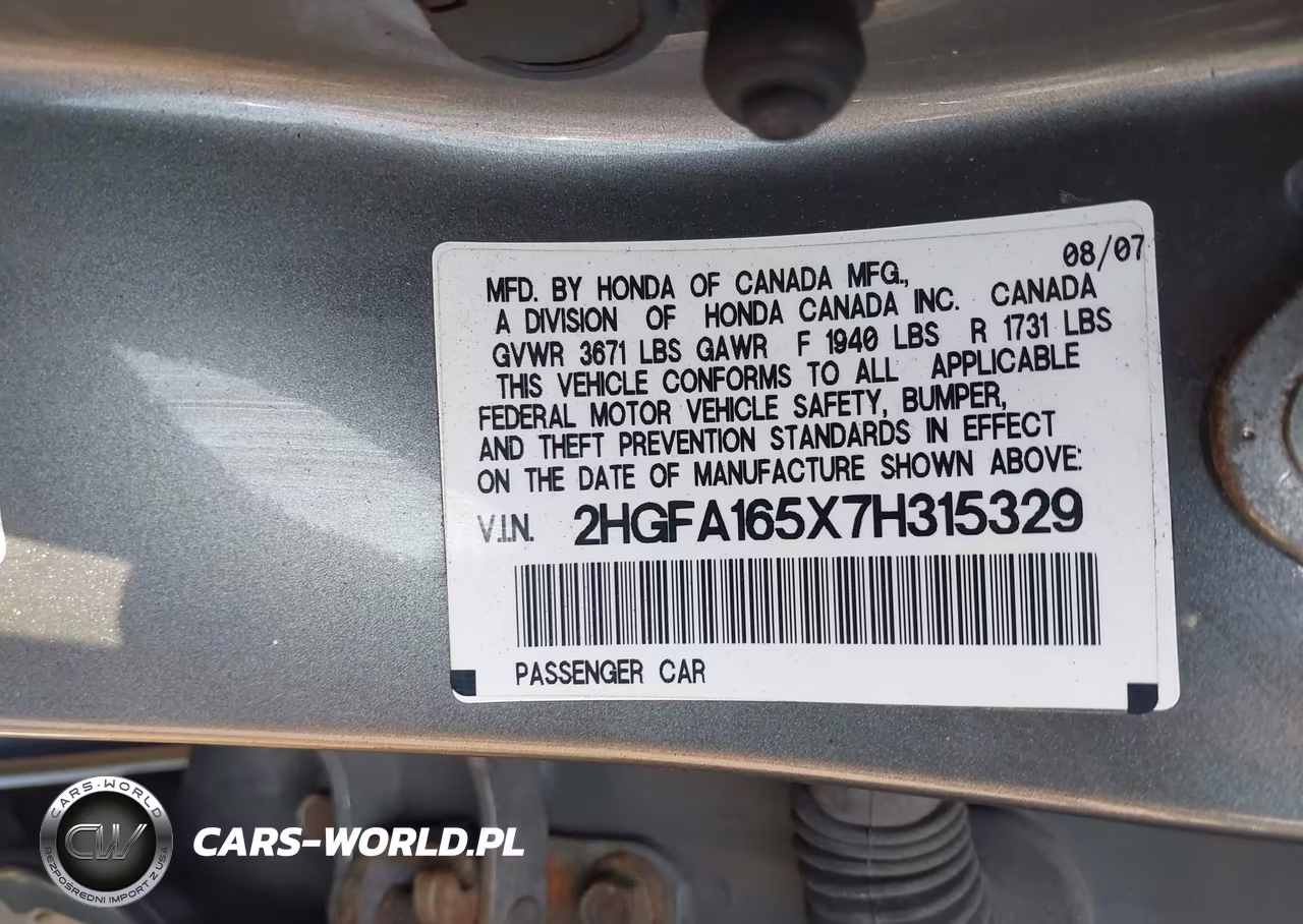 2007 Honda Civic Lx VIN:2HGFA165X7H315329 - 9
