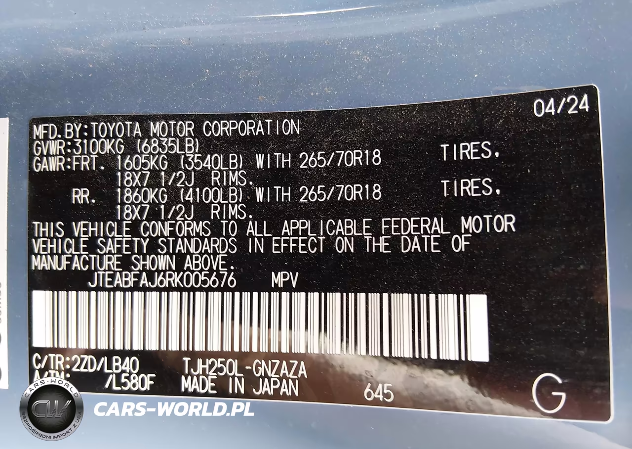 2024 Toyota Land Cruiser VIN:JTEABFAJ6RK005676 - 9