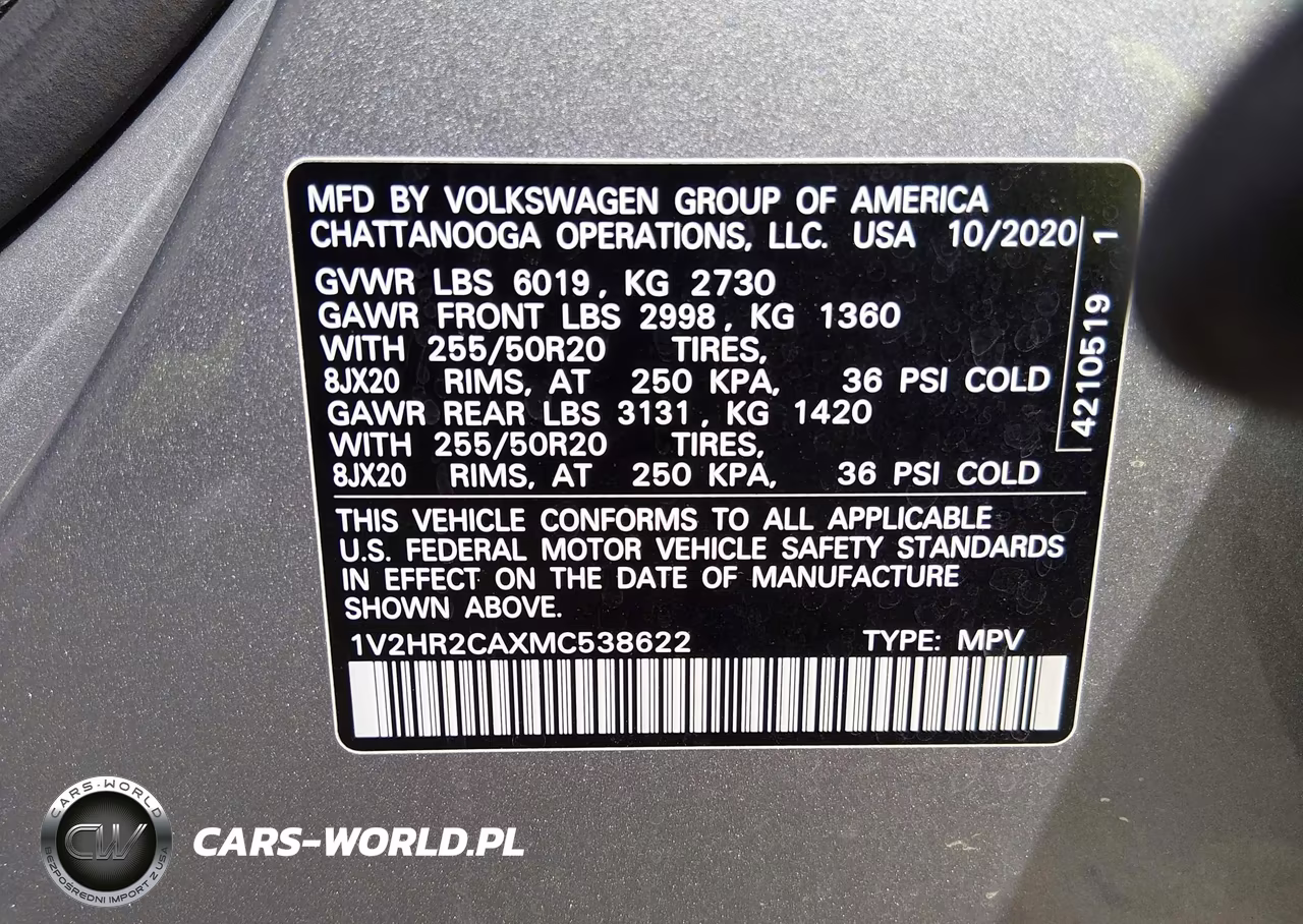 2021 Volkswagen Atlas 3.6L V6 Se W-Technology VIN:1V2HR2CAXMC538622 - 9