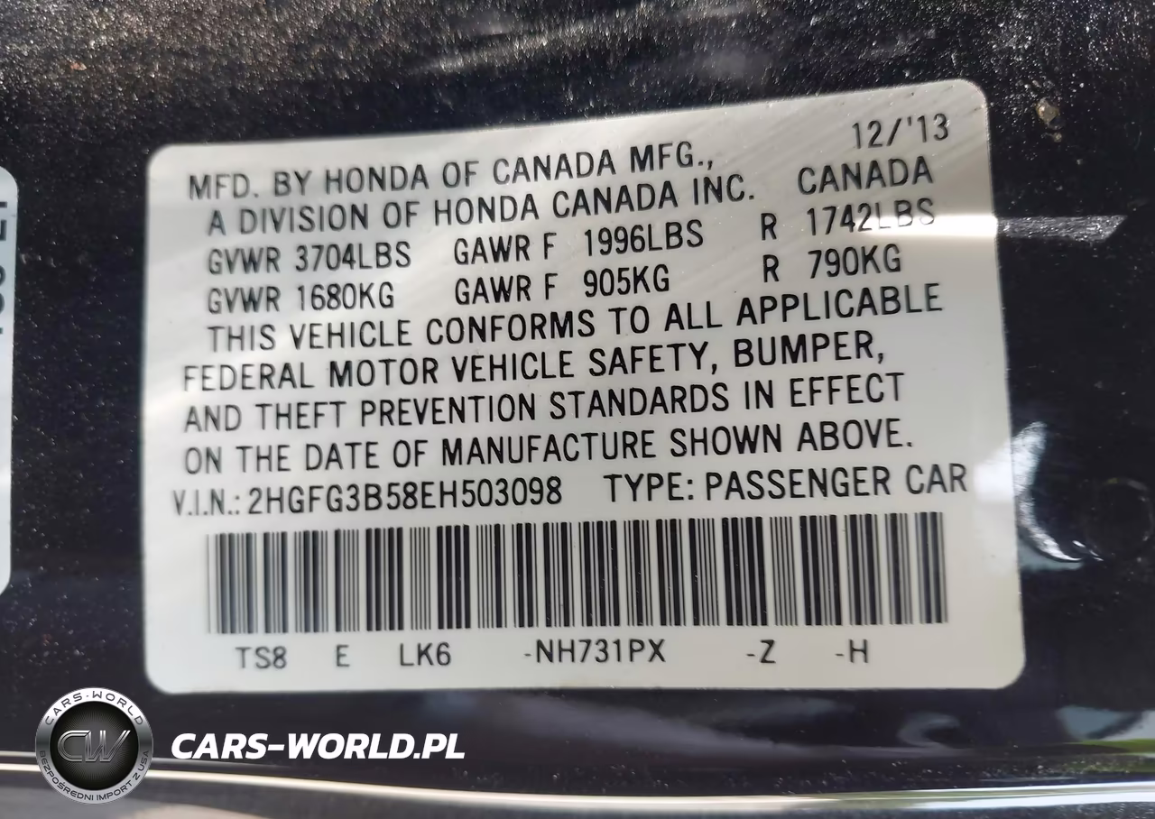 2014 Honda Civic Lx VIN:2HGFG3B58EH503098 - 9