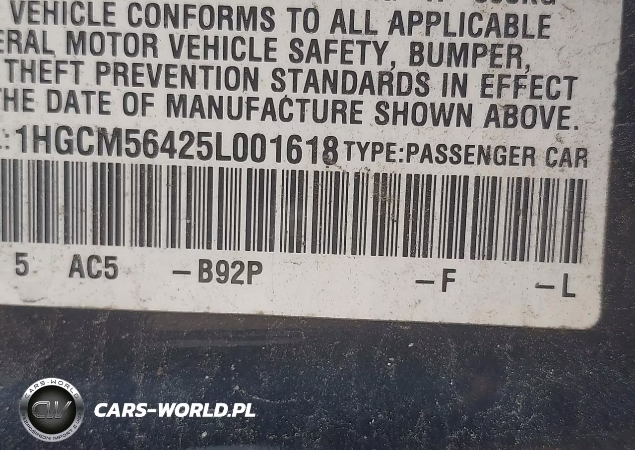 2005 Honda Accord 2.4 Lx VIN:1HGCM56425L001618 - 9