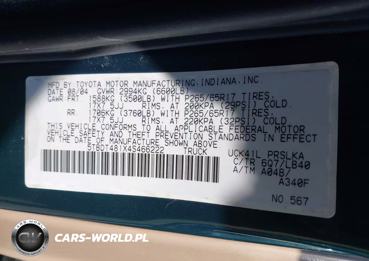2004 Toyota Tundra Limited V8 VIN:5TBDT481X4S466222 - 9